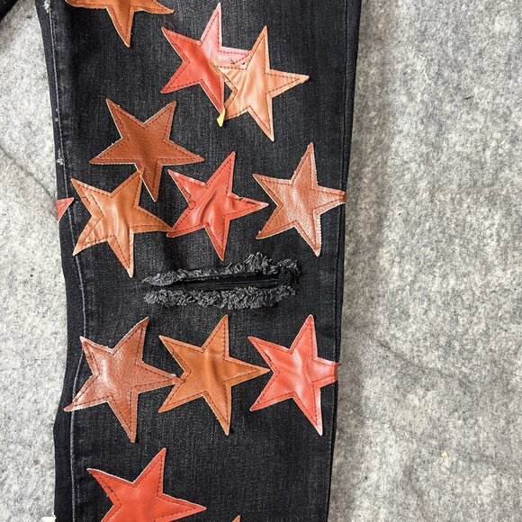 AMIRI Star Patch Jeans Black Leather Red Brown Size 32 Designer Denim USA Rare - Picture 12 of 16